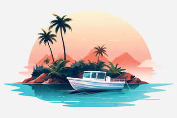 Tropical island boat sunset illustration