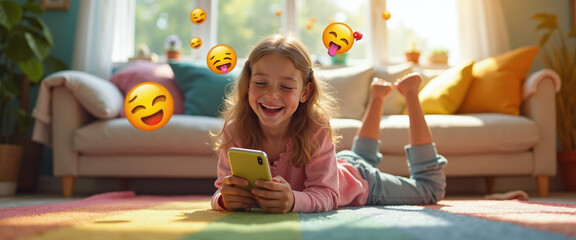 Happy Little Girl Playing with Smartphone, Funny Emojis Socail Media Concept