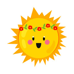 Sun character hand drawn vector. Good morning sunshine. Smiling sunshine in a floral wreath. Kids character cute sunshine.
