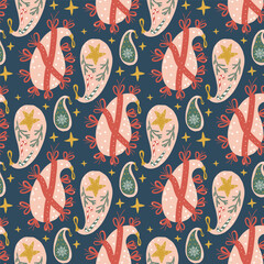 Christmas baubles seamless pattern. Happy New Year paisley endless background. Xmas balls repeat cover. Yuletide continuous surface. Vector hand drawn flat illustration.