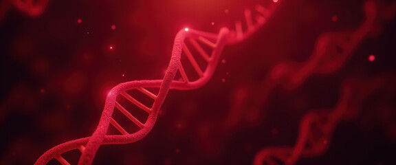 Red glowing DNA helix, genetic code structure, futuristic biotechnology digital illustration, bio engineering concept backdrop
