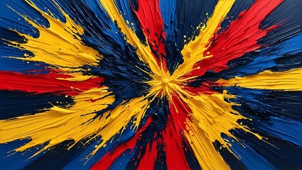 An abstract artwork featuring bold splashes of deep blues, bright yellows, and fiery reds, with textured brushstrokes and layers giving depth and movement to the piece