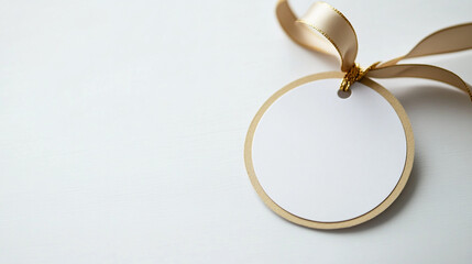 Blank circular tag with a gold border and ribbon on a plain background showcasing elegant simplicity