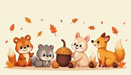 Fototapeta premium Cute Autumn Animals with Acorns. Funny Cartoon Illustration for Autumn Design.