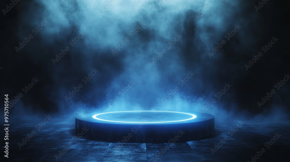 Aufkleber futuristic glowing platform in mist, atmospheric stage. sci-fi technology and innovation concept