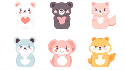 Obraz premium Cute Animals Holding Hearts - Valentine's Day Clipart