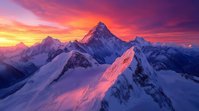 snowy mountains at sunset with vibrant pink and orange sky	