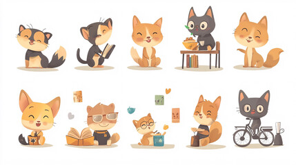 Fototapeta premium Cute Cats with Activities Illustration