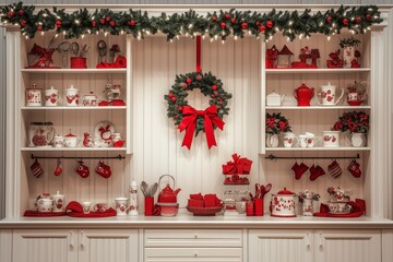 Beautiful festive kitchen decorated with Christmas wreath, garlands, and red-themed kitchenware, perfect for the holiday season.