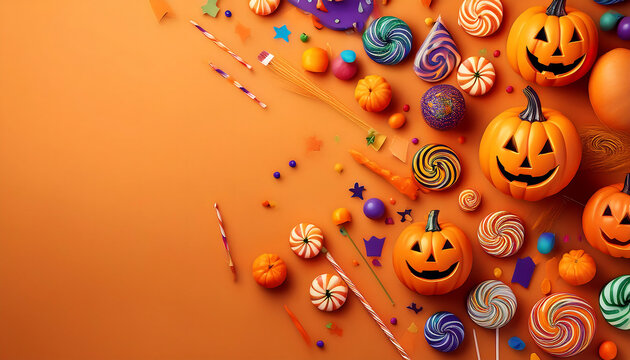  Halloween party composition, featuring Jack-o'-lantern pumpkins, party decorations, and swe_1(549)