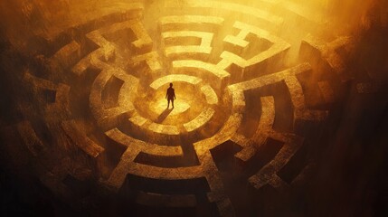A lone figure stands at the center of a large, intricate maze, bathed in warm, golden light, symbolizing the challenges and complexities of life's journey.