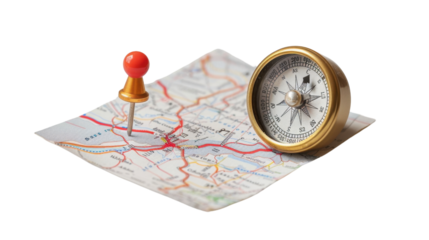 Magnetic compass and location map pin on transparent background