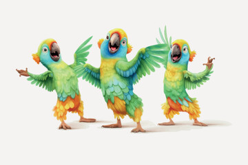 Colorful animated parrots dancing joyfully.