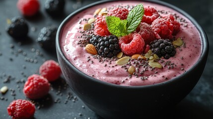 Bowl of creamy pink smoothie topped with raspberries, blackberries, almonds, chia seeds, and a fresh mint garnish