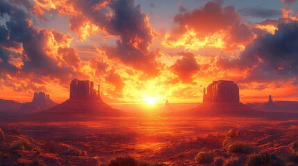 Fototapeta premium Breathtaking sunset over a vast desert landscape with dramatic clouds, towering mesas, and vibrant, fiery colors