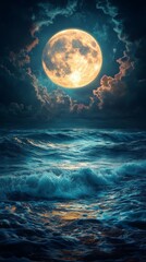 Bright full moon illuminates the night sky over a turbulent ocean, with dramatic clouds enhancing the captivating scene