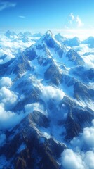 Breathtaking view of a vast mountain range with snow-covered peaks and floating clouds under a clear sky