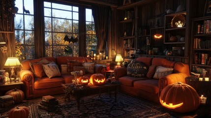 Cozy Halloween Living Room with Jack-o'-Lanterns