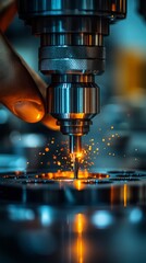 Close-up view of a CNC machine drilling into metal, with bright sparks flying, indicating precision machining in progress