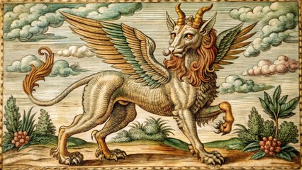 Fototapeta premium Mythical Griffin Creature with Wings and Horns Vintage Illustration