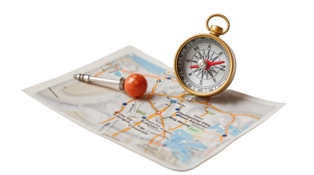 Magnetic compass and location map pin on transparent background