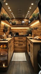 Cozy, well-lit camper van kitchen features wooden cabinets, countertops, shelves with plants, utensils, and fresh produce, exuding warmth