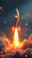 A rocket ship blasts off into the sky, leaving a trail of fire and smoke.