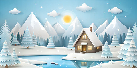 Origami-style winter landscape: paper-cut cabin, lake, fir trees, clouds, and mountains