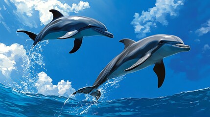 Joyful dolphins soaring through vibrant turquoise waves, showcasing their playful nature under the bright sunlit sky.