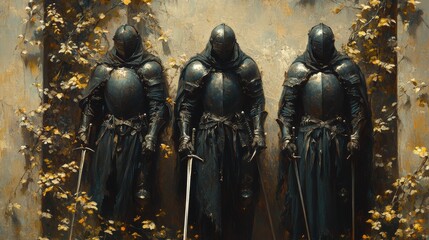 Fototapeta premium Depicts three armored knights wearing dark cloaks, standing solemnly with swords against a backdrop of climbing plants