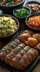 Features grilled meat, roasted vegetables, seasoned rice, and various side dishes arranged in bowls on a wooden table