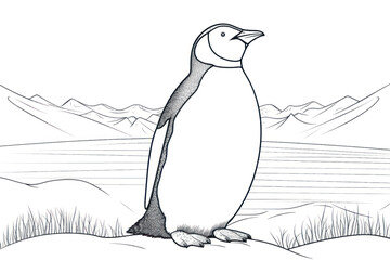 Penguin drawing in snowy landscape