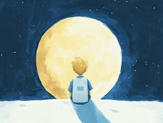 A boy is sitting on a hill and looking at the moon