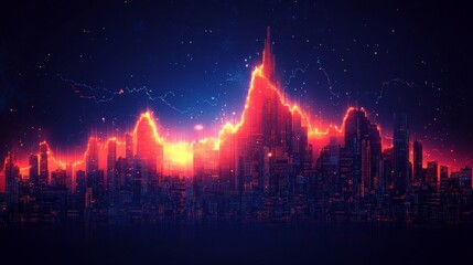 Futuristic city skyline at night with bright, glowing lights and data visualization elements overlaying the buildings