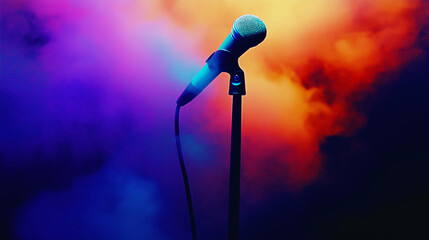 Obraz premium Microphone standing on an empty stage with colorful light and smoke. Mic on a stage