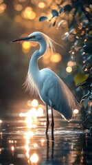 Naklejka premium Graceful egret stands in shimmering water with sunlight streaming through the leaves, creating a peaceful and serene scene