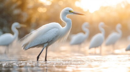 Graceful white egret stands in shallow water with blurred background of other egrets and golden sunlight filtering through