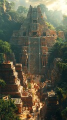 Grand ancient stone pyramid structure surrounded by lush greenery and many people ascending the central staircase