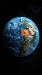 Fototapeta premium Half-ocean, half-land Earth against a starry background, showcasing contrasting surfaces of water and continents