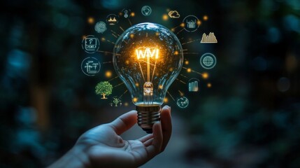 Hand holding a glowing light bulb surrounded by icons representing various concepts such as renewable energy, technology, and sustainability