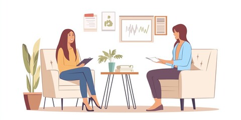 Fototapeta premium Two women are sitting in chairs in a room, one of them holding a tablet. The room has a potted plant and a vase. Scene is calm and relaxed, as the women are having a conversation