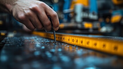 Obraz premium Hand is closely focused, precisely using a measuring tape and tool for careful measurements in a workshop-like setting