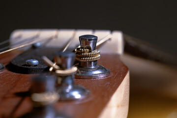 acoustic classical guitar peg music instrument tool macro photo close up view narrow focus blurred background and foreground space low lighting studio brown wooden environment