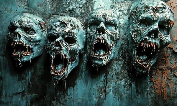 ghost faces on wall halloween day on background