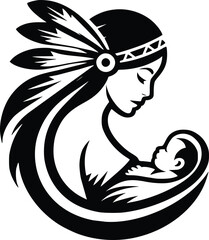 Black and White Illustration of Loving Native American Mother With Baby in Cradleboard