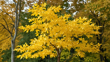 Fototapeta premium Autumn maple with bright yellow leaves Isolated autumn leaves background, 