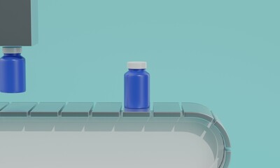 Plastic medical bottle on conveyor belt in automated factory on blue background. 3d rendering 