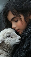 Child with closed eyes gently embraces a lamb, both bathed in soft light, creating a serene and tender scene