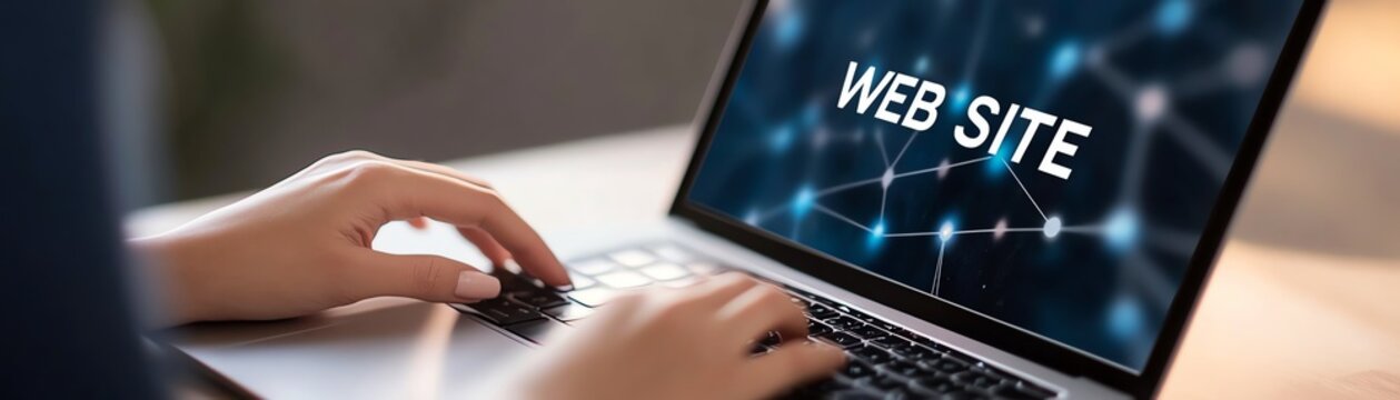 Person typing on laptop with 'WEBSITE' on screen, illustrating web development and digital technology.