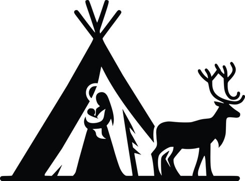 Black and White Illustration of Loving Sami Mother With Baby in Lavvu Tent and Reindeer